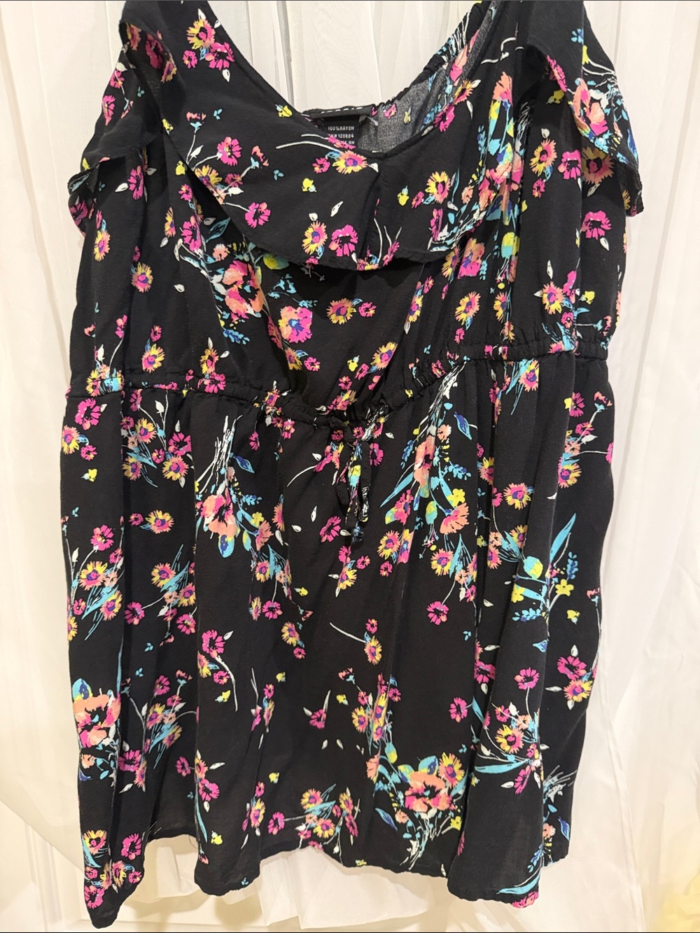 Torrid Black Floral Ruffle-Trim Tunic Top - Pink & Blue Accents